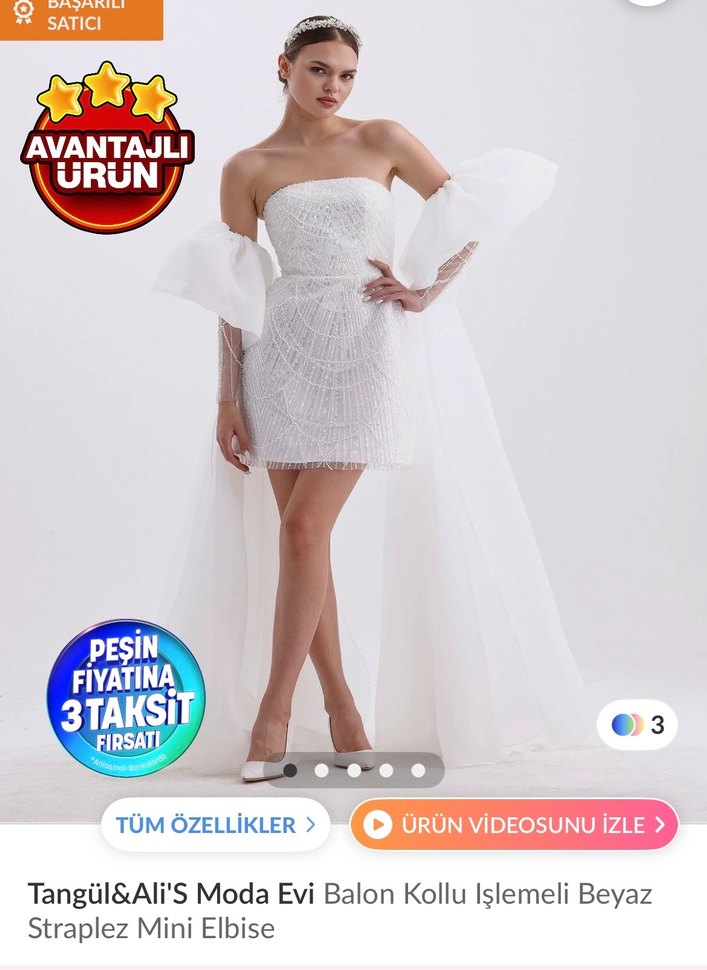 Mini Straplez Beyaz Düğün Elbisesi - Görsel 3