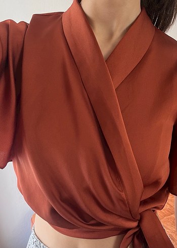 kiremit rengi Saten V Yakalı Kadın Bluz - Görsel 2