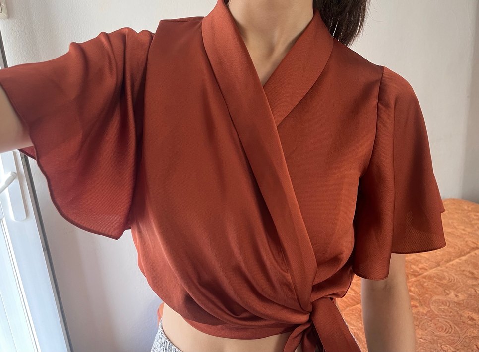 kiremit rengi Saten V Yakalı Kadın Bluz - Görsel 2