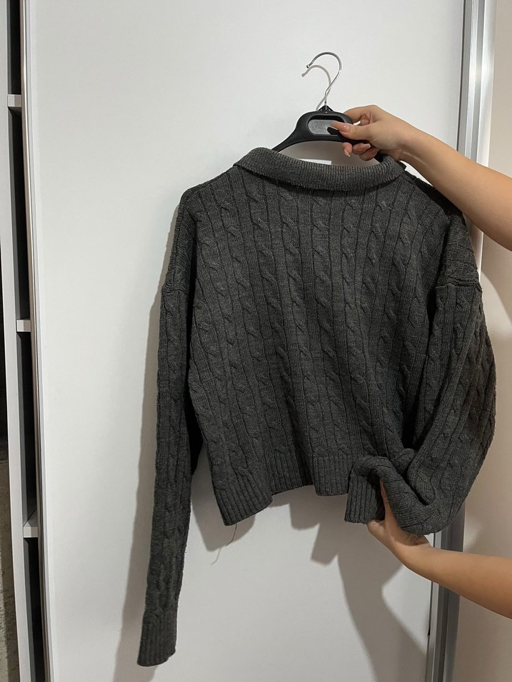 Gri Fitilli Polo Triko Kazak — görsel 2/3