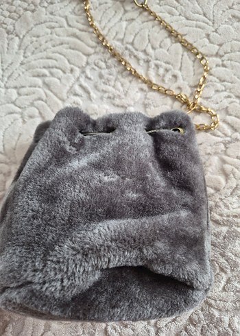 Gri Nakışlı Kadın Peluş Çanta - Görsel 4