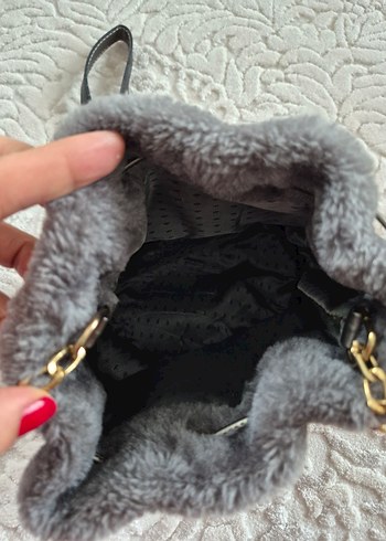 Gri Nakışlı Kadın Peluş Çanta - Görsel 5