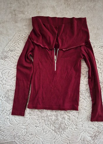 Bordo Fermuarlı Uzun Kollu Kadın Kazak - Görsel 2