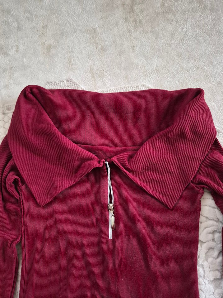 Bordo Fermuarlı Uzun Kollu Kadın Kazak - Görsel 3