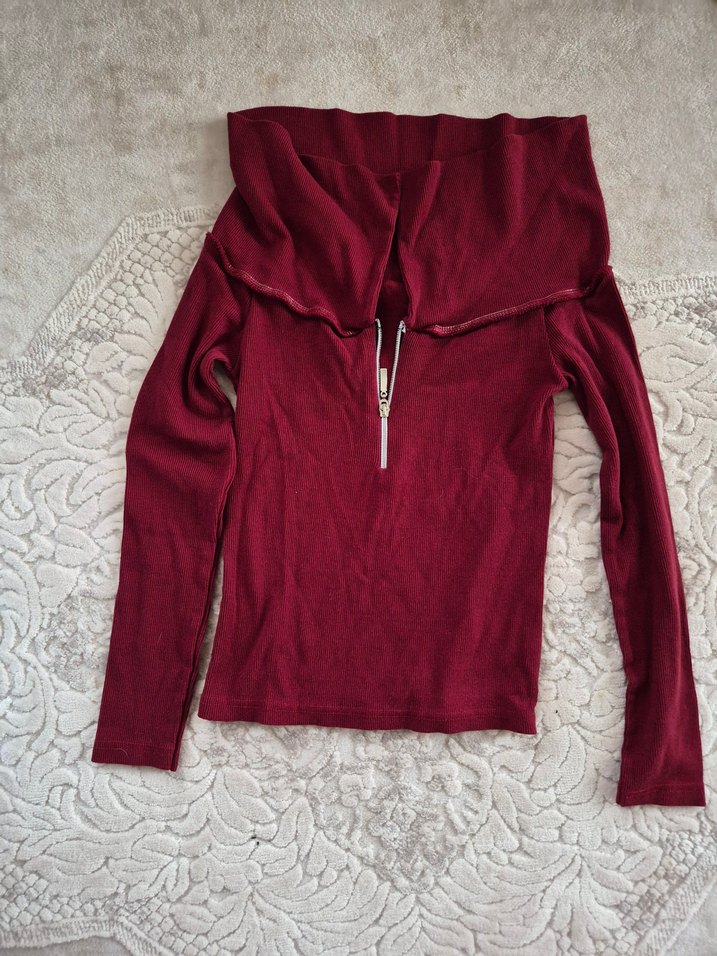 Bordo Fermuarlı Uzun Kollu Kadın Kazak - Görsel 2