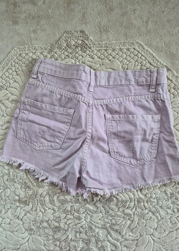 Mor Düğmeli Denim Mini Şort - Görsel 5