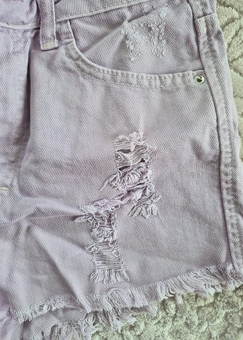 Mor Düğmeli Denim Mini Şort - Görsel 4