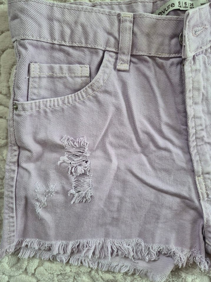 Mor Düğmeli Denim Mini Şort - Görsel 2