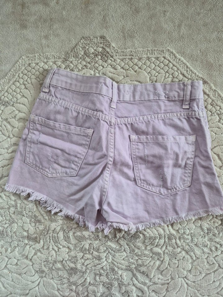 Mor Düğmeli Denim Mini Şort - Görsel 5