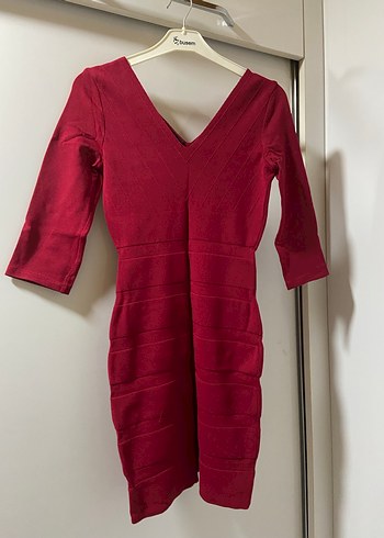 Bordo V Yakalı Uzun Kollu mini Kadın Elbise - Görsel 3