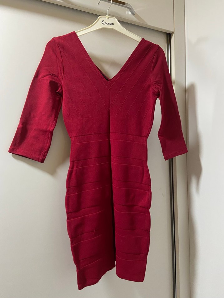 Bordo V Yakalı Uzun Kollu mini Kadın Elbise - Görsel 3