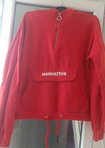 Kırmızı Kapüşonlu Fermuarlı Sweatshirt