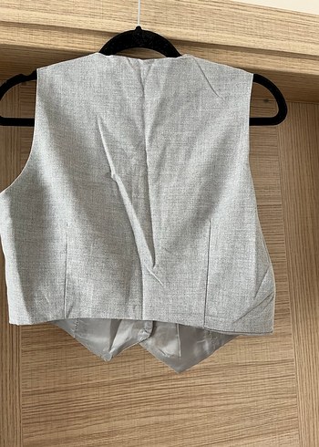 Düğmeli Gri Keten Kadın Yelek - Görsel 2