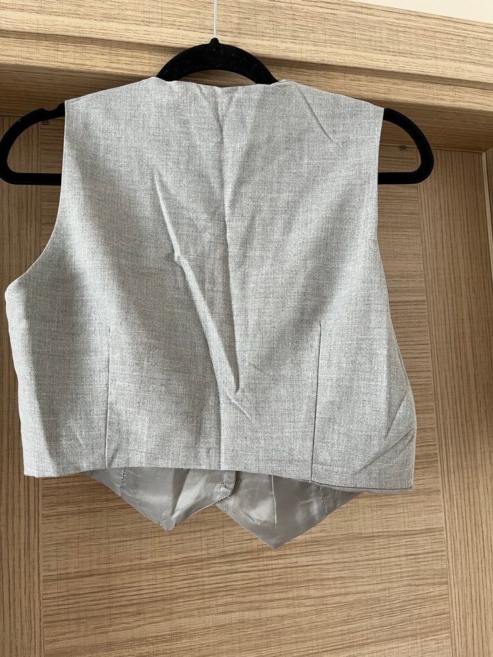 Düğmeli Gri Keten Kadın Yelek - Görsel 2
