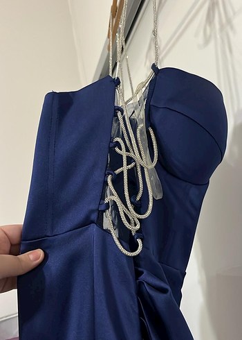 Uzun Lacivert Drapeli Straplez Abiye Elbise - Görsel 5