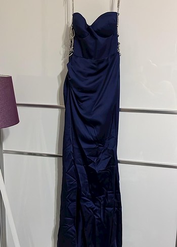 Uzun Lacivert Drapeli Straplez Abiye Elbise - Görsel 2