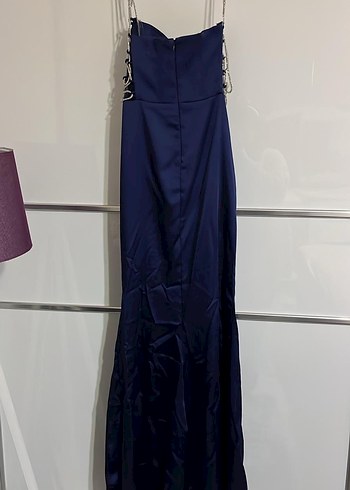 Uzun Lacivert Drapeli Straplez Abiye Elbise - Görsel 3