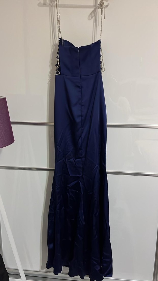 Uzun Lacivert Drapeli Straplez Abiye Elbise - Görsel 3