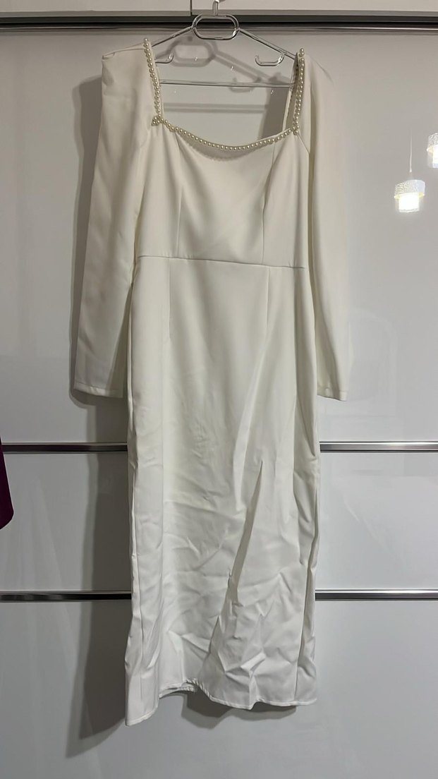 Uzun Kollu Beyaz Kalem Elbise - Görsel 2