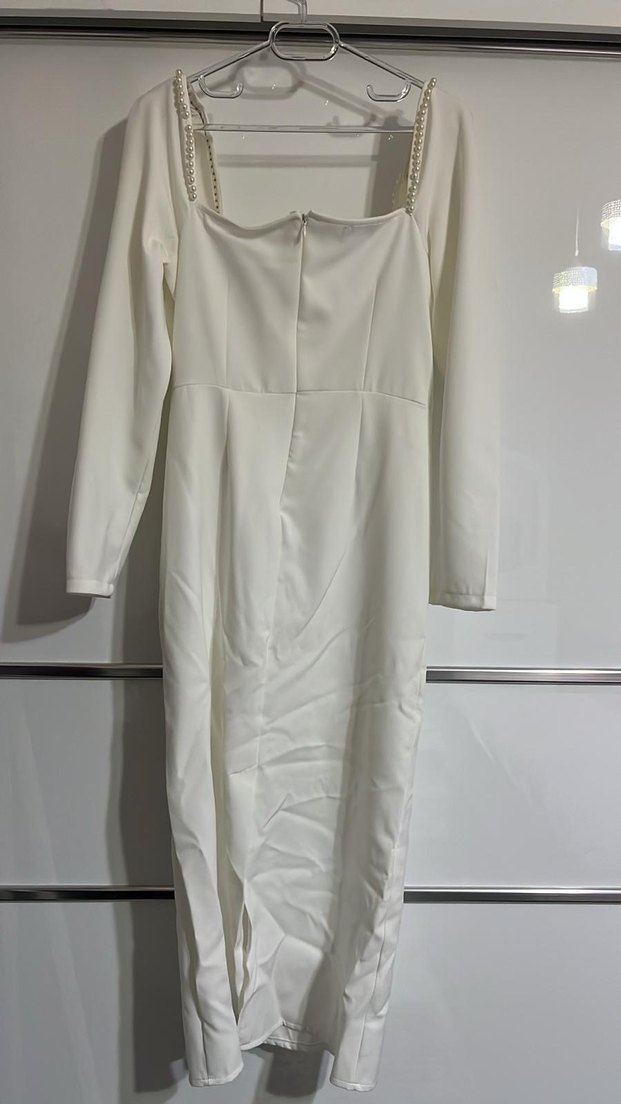 Uzun Kollu Beyaz Kalem Elbise - Görsel 3