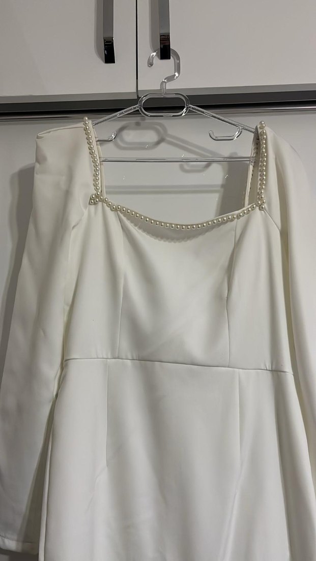 Uzun Kollu Beyaz Kalem Elbise - Görsel 4