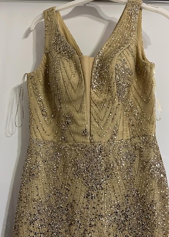 Bej Parlak Pul İşlemeli Uzun Abiye Elbise - Görsel 4