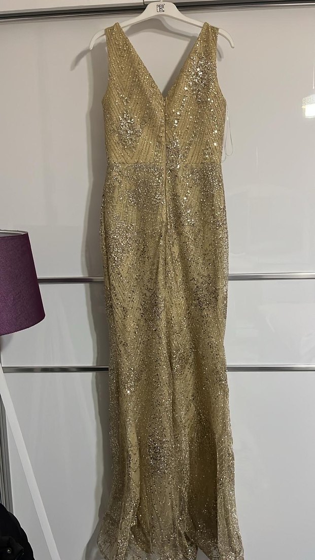 Bej Parlak Pul İşlemeli Uzun Abiye Elbise - Görsel 3