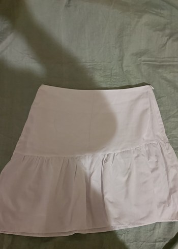 Beyaz Keten Midi Pilili Mini Etek