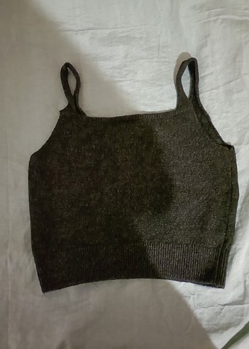 Gri Kadın Triko İnce Askılı Crop Top