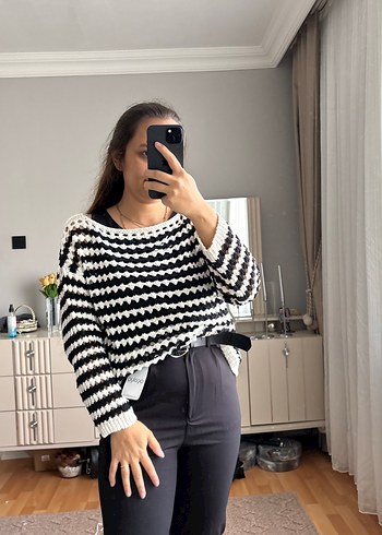 Gri Zebra Desenli Örgü Kadın Kazak