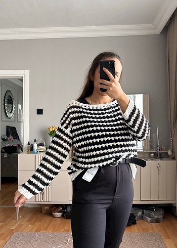 Diğer Gri Zebra Desenli Örgü Kadın Kazak