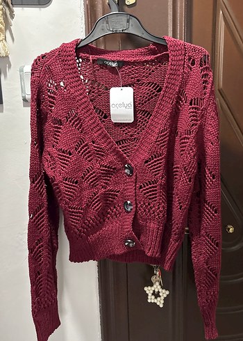 Bordo Nakışlı Örgü Mini Hırka