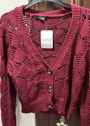 38 Beden Bordo Nakışlı Örgü Mini Hırka