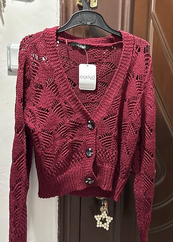 Diğer Bordo Nakışlı Örgü Mini Hırka