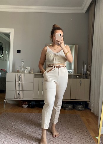 Bej Kadın Cigarette Pantolon, İnce Kesim - Görsel 3