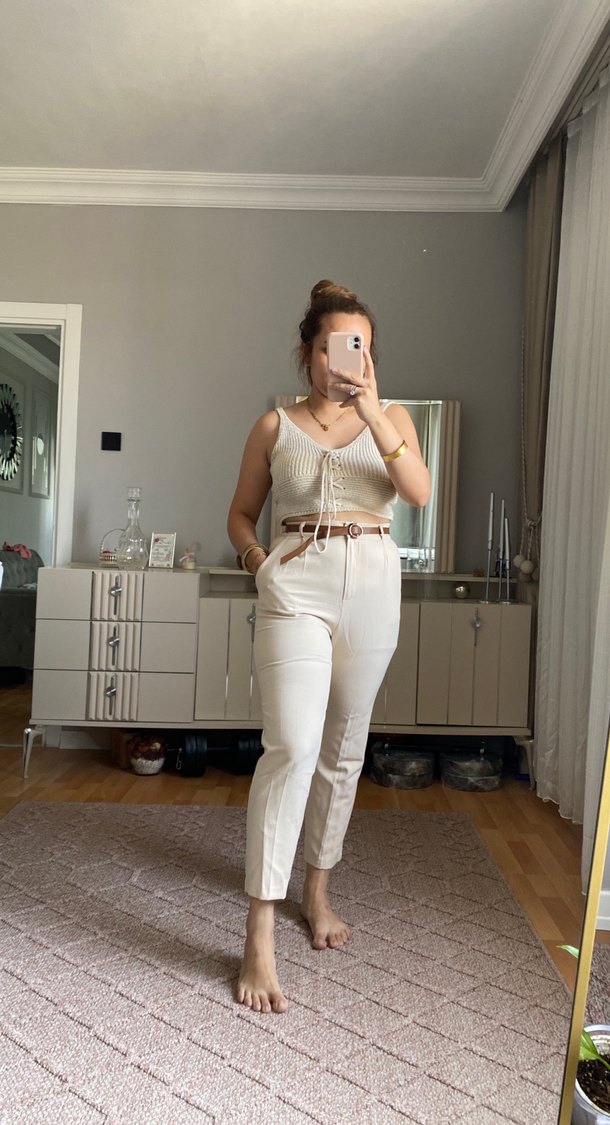 Bej Kadın Cigarette Pantolon, İnce Kesim - Görsel 3