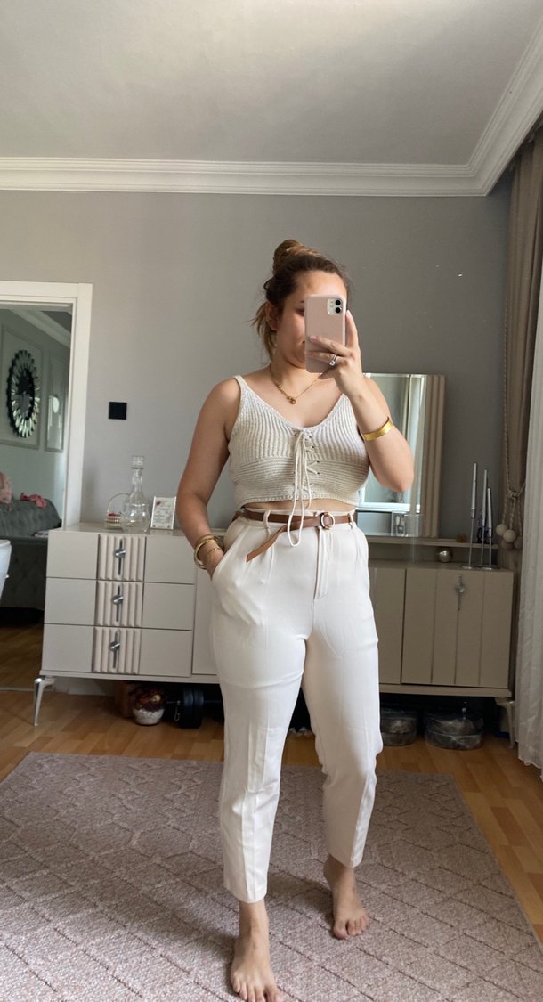 Bej Kadın Cigarette Pantolon, İnce Kesim - Görsel 2