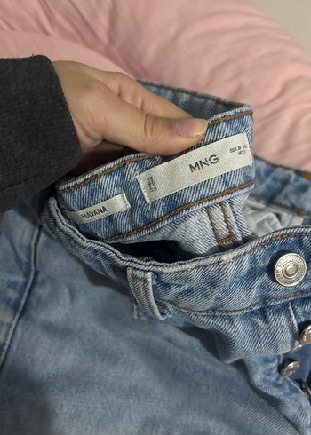Düğmeli Mavi Midi Geniş Kesim Denim Kadın Kot - Görsel 3