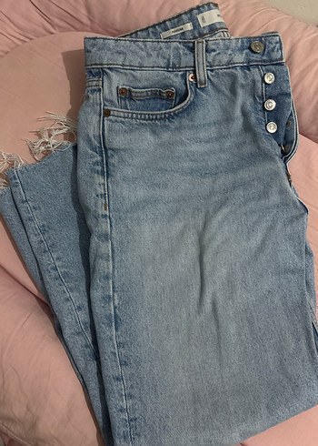 Düğmeli Mavi Midi Geniş Kesim Denim Kadın Kot - Görsel 2