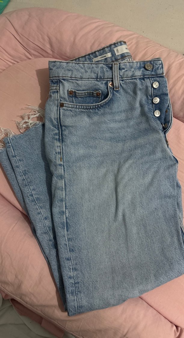 Düğmeli Mavi Midi Geniş Kesim Denim Kadın Kot - Görsel 2