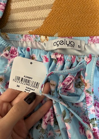 mavi pembe çiçekli yazlık elbise - Görsel 4