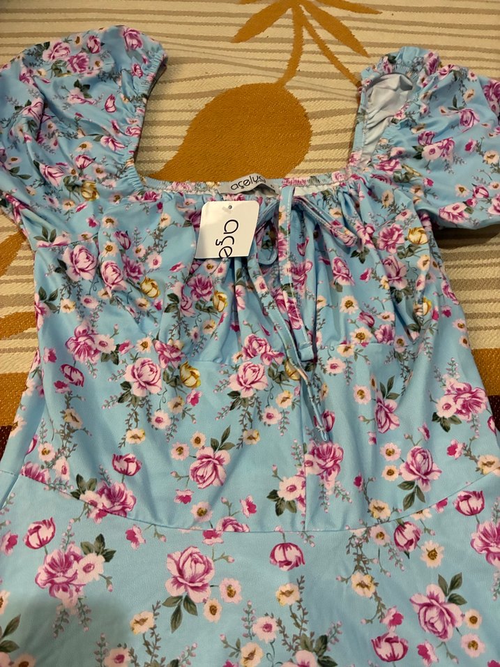 mavi pembe çiçekli yazlık elbise - Görsel 2