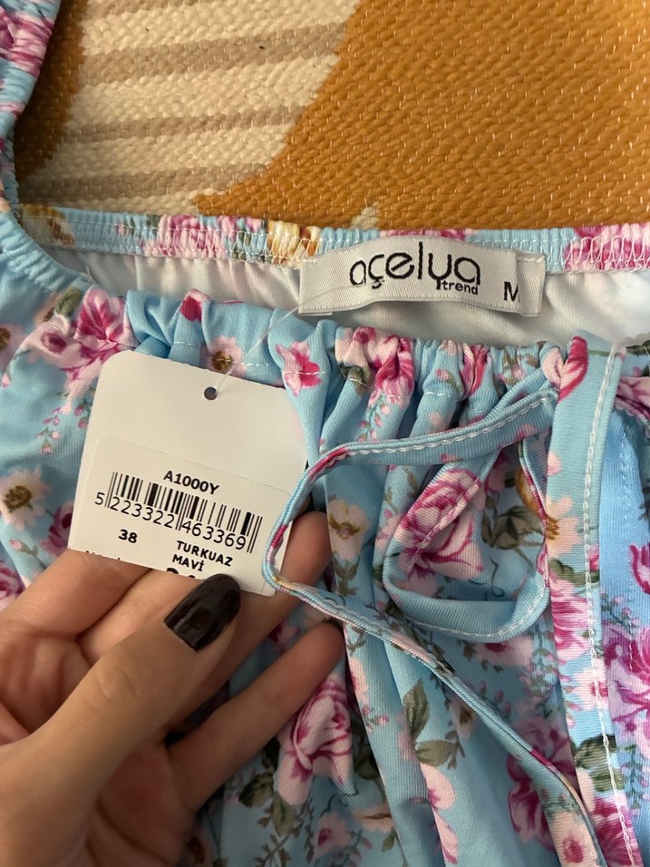 mavi pembe çiçekli yazlık elbise - Görsel 4
