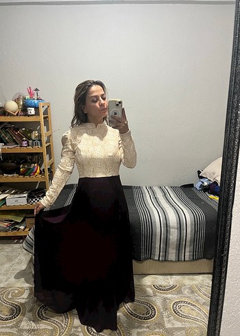 s Beden bordo Renk Bordo Drapeli Uzun Kollu Kadın Elbise