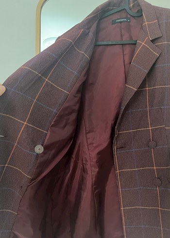 36 Beden bordo Renk Bordo Kareli Düğmeli Kadın Blazer Ceket