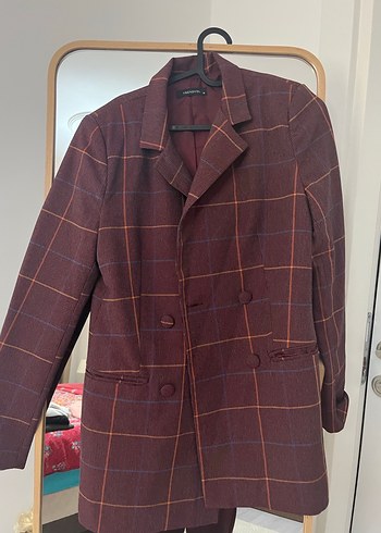 Bordo Kareli Düğmeli Kadın Blazer Ceket