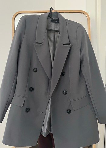 Düğmeli Gri Midi Kadın Blazer Ceket