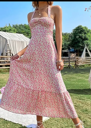 Pembe Çiçekli Uzun Bohem Elbise