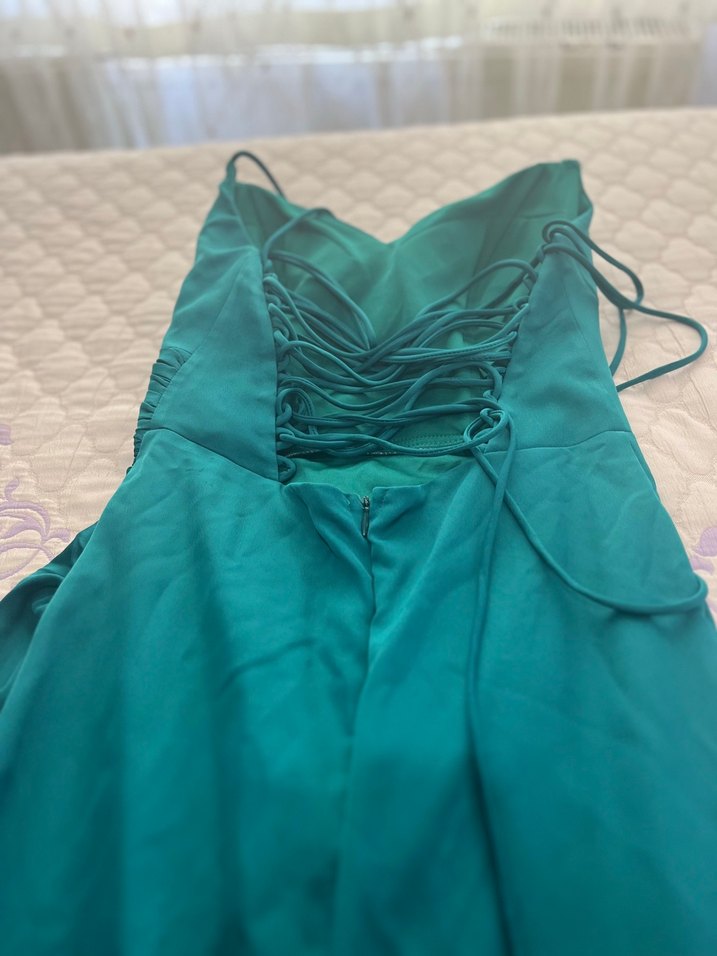 Askı Askılı Uzun Turkuaz Drapeli Abiye Elbise - Görsel 4