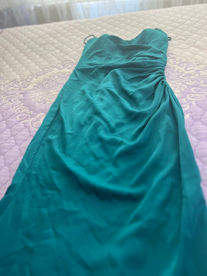 Askı Askılı Uzun Turkuaz Drapeli Abiye Elbise - Görsel 2